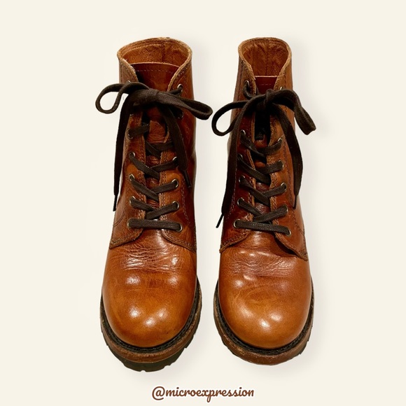 $415 Frye Sabrina 6G Cognac Brown Leather Laced Combat Chunky Heel Ankle Bootie - Picture 9 of 14